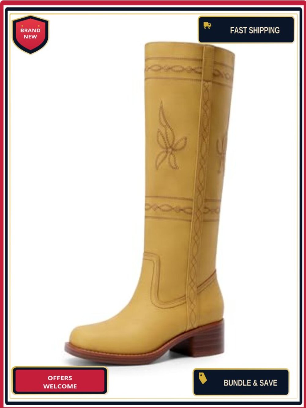 Women's Knee High Boots Square Toe Pull-On Faux Leather Vintage Western